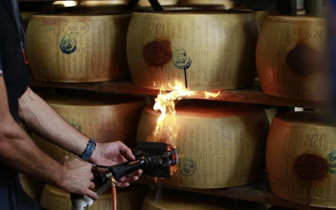 Marquage à chaud de l'AOP "Parmigiano Reggiano" sur les meules