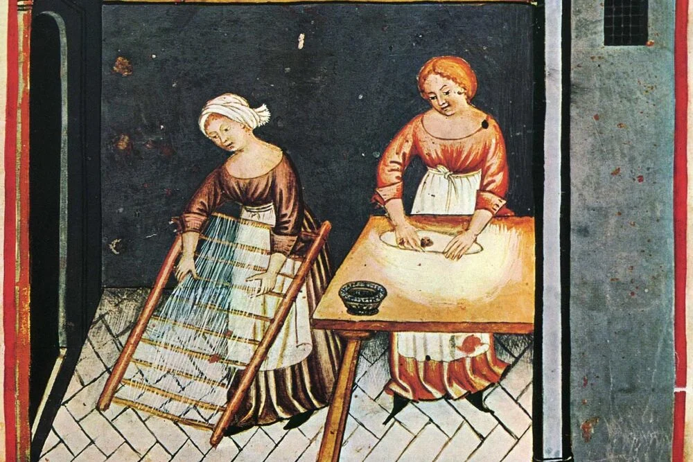La fabrication des pâtes, illustration du Tacuinum Sanitatis, XVe siècle.