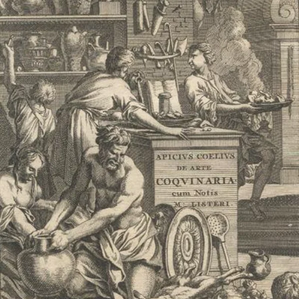 Frontispice d'une édition du De re cocinaria, (Apicius, De opsoniis et condimentis, Amsterdam, J. Waesbergios), 1709